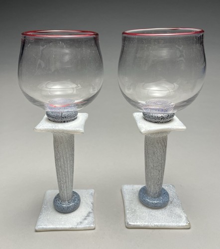 Pair Of Melanie Guernsay Art Glass Columnar Wine Stems Goblets