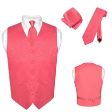 Men's Dress VEST NeckTie for Suit CORAL PINK Color PAISLEY Design Tie Hanky Set