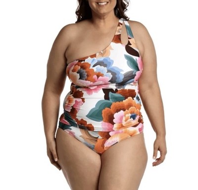 LA BLANCA $176 Floral Rhythm One Shoulder Keyhole Tankini swimsuit 16W 