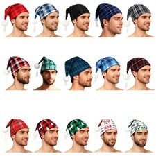 Mens Plaid Sleeping Night Stocking Cap Hat w/Pom Ball Tassel Christmas Nightwear