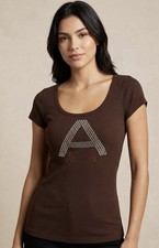 Armani Exchange Y2K Brown Ribbed Top   Rhinestone Logo   Size XS-S Stretch 
