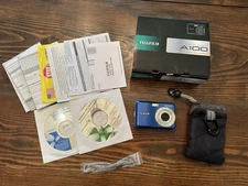 FujiFilm A100 Digital Camera with Case & Box.  Works! Clean! Blue