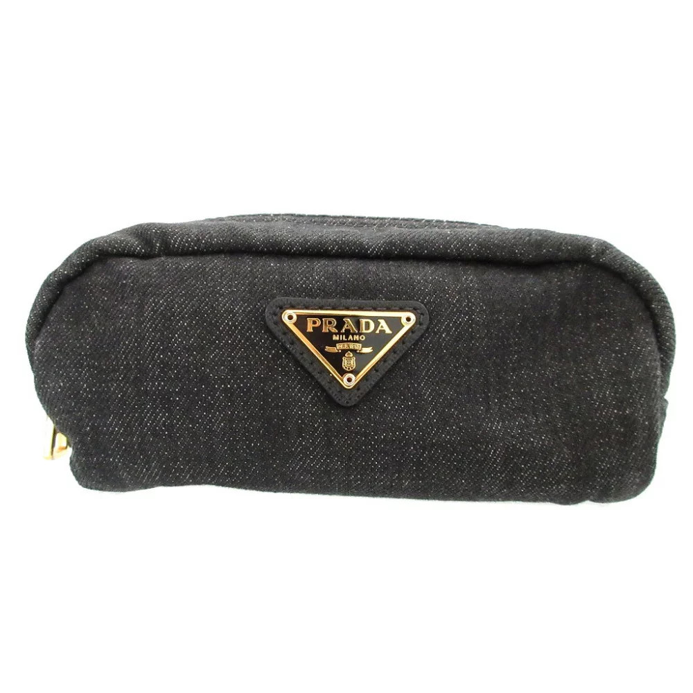 Prada Authentic Triangular Plate Pouch Black Deni… - image 1