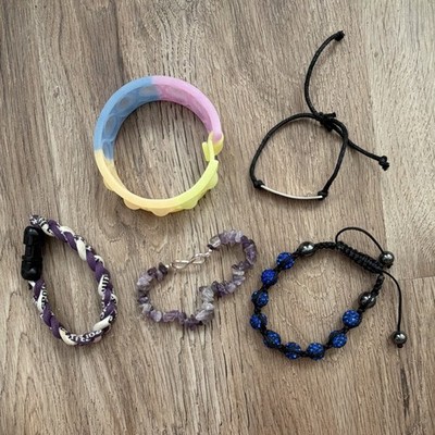 5pc Bracelet Lot Silicone Cord Stone Metal w/ Amethyst Multicolor