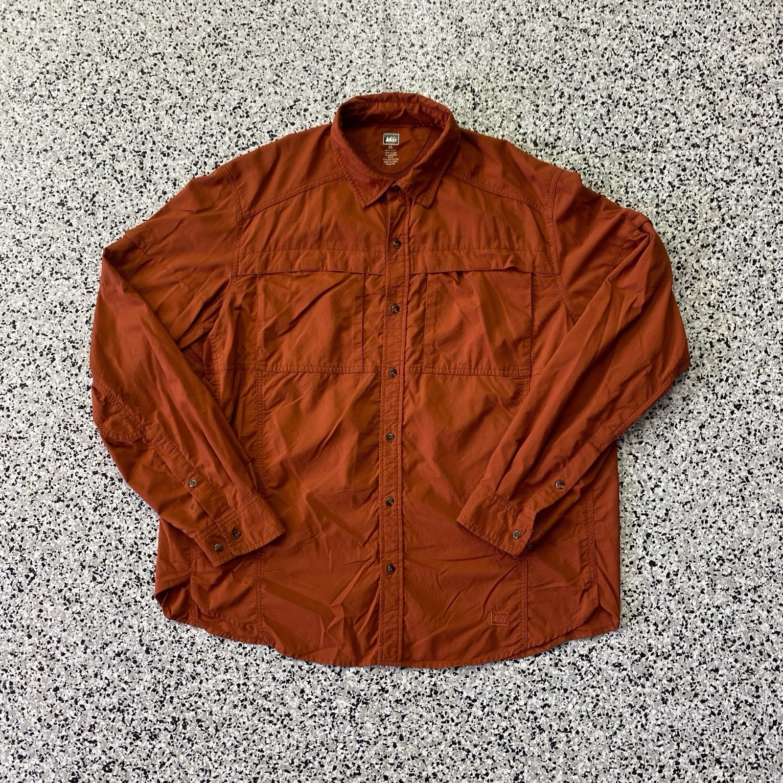 REI Tech Shirt Mens XL Orange Long Sleeve Nylon Hiking Outdoor Trail