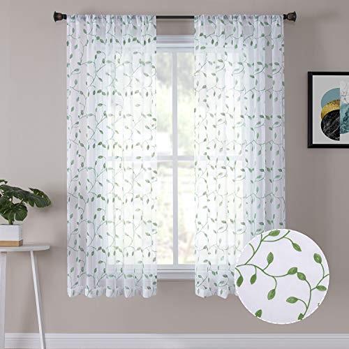 Leaves Sheer Curtain Green Leaf Embroidery Living Room Curtains Rod Pocket - Picture 1 of 7