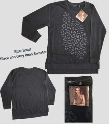 Women's Black Leopard Print Crewneck Lng Slv Sweatshirt IMAN Global Chic Size S
