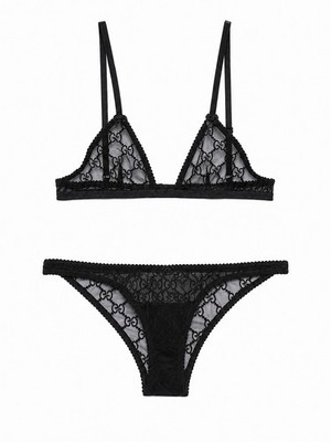 Gucci Damen Schwarz Dessous GG Monogramm Transparent Spitze BH Unterwäsche Set Größe S