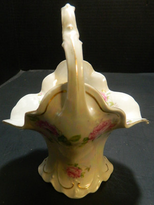 Antique Austrian Hand Painted Roses Iridescent Porcelain Basket 6'' x 5.13''x4.18''