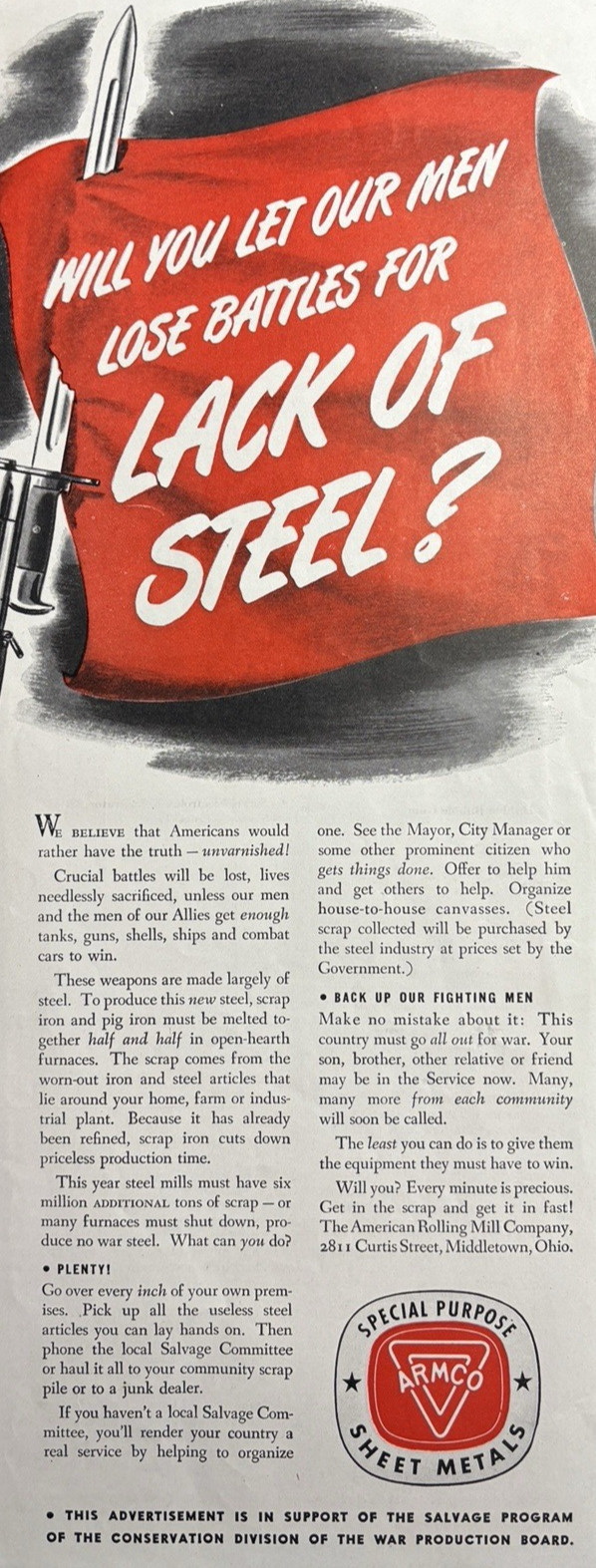 American Rolling Mill Co Middletown Ohio Sheet Metals WWII Vintage Print Ad 1942