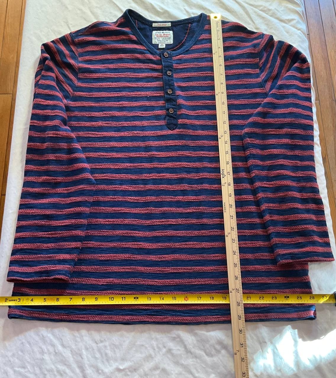 Lucky Brand Shirt Mens XL Henley Blue Red Striped Long Sleeves Cotton Casual