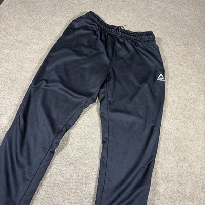 Reebok Track Pants Men Large Black Graphic Logo Drawstring Flat Front Activewear