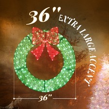 36in Christmas Wreath Pre-Lit Outdoor w/ LED Lights, Bows for Holiday Decor