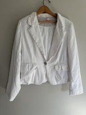 St. Tropez Women s White Linen Blazer Nautical Beach Fully Lined One Button Sz L