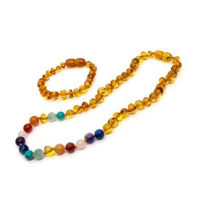 Half Baltic Amber Necklace 12.5 Polished Honey Rose Quartz Amethyst