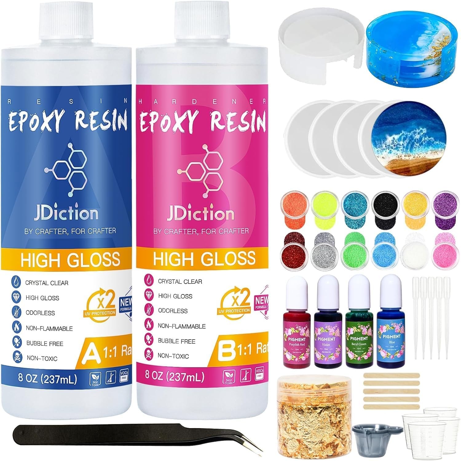 JDiction Epoxy Resin Coaster Kit - 16oz/ 474ml Crystal Clear Epoxy Resin Kit wi