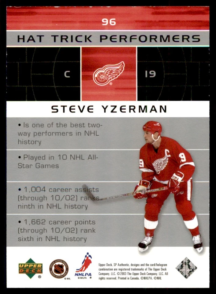 2002-03 SP Authentic Steve Yzerman 1277/1499 Detroit Red Wings #96 - Image 2 of 2