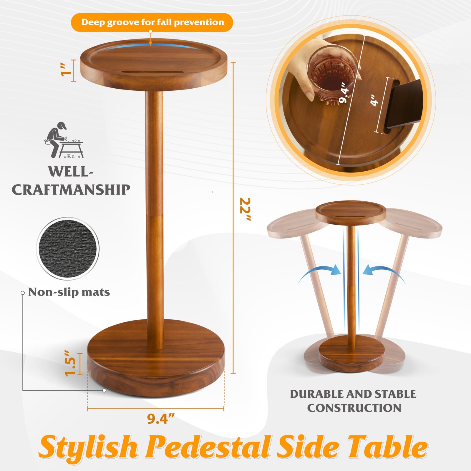 Tall Rounded Window Texture BLUEWEST Small Round Side Table, Drink Table with Phone Slot, 22 ...