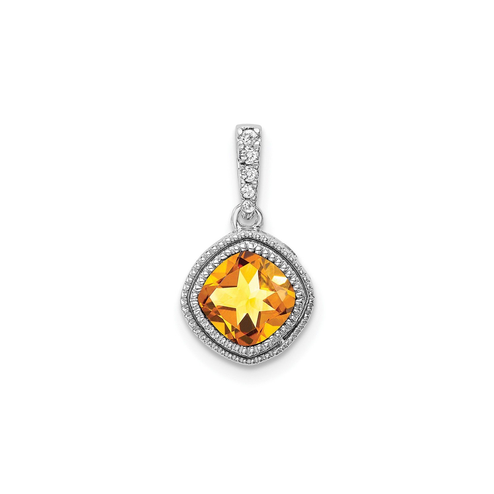 14k White Gold Cushion Citrine Pendant Necklace with Halo Accent Stones Women