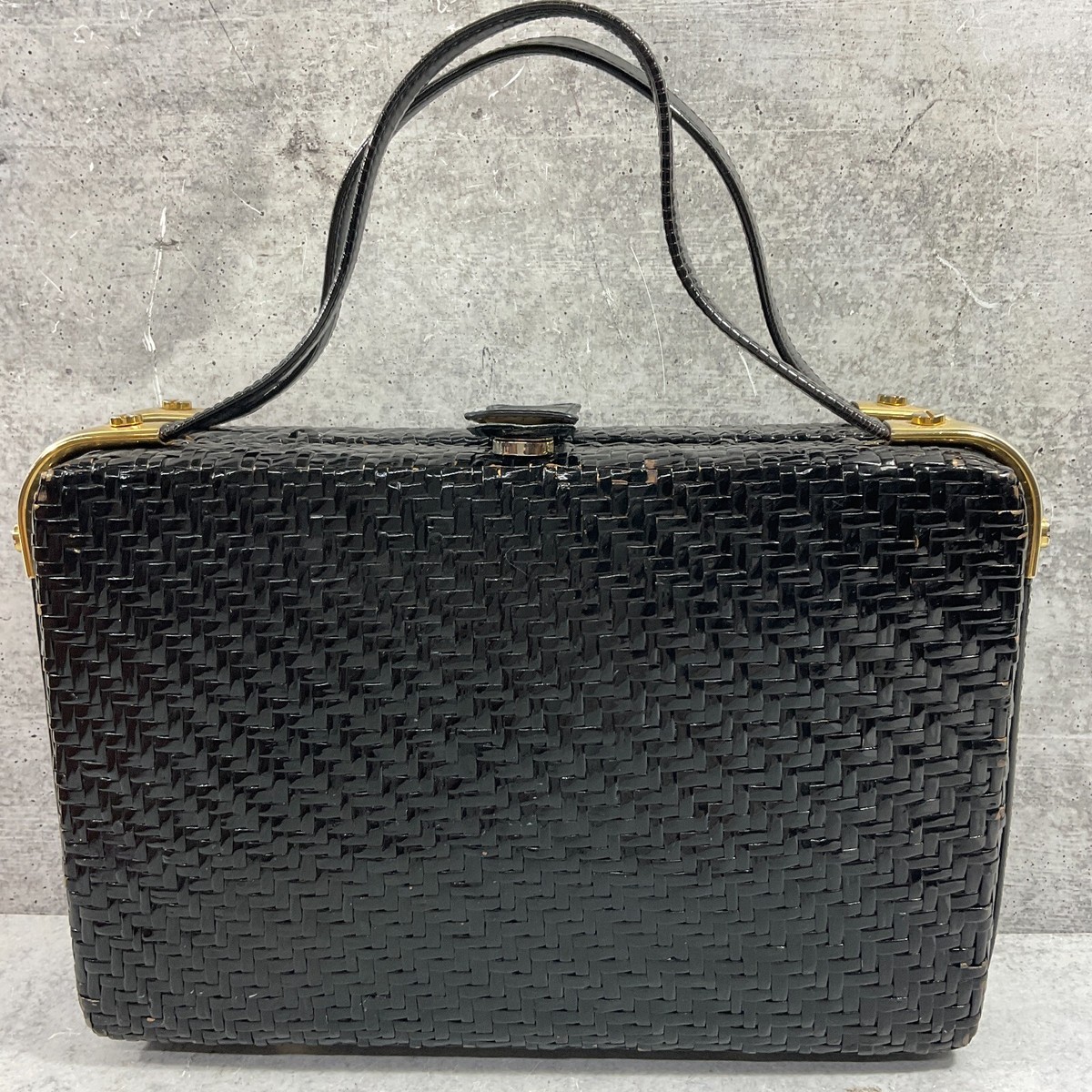 Vintage RODO Black Basket Weave Wicker Gold Tone Hardware Handbag