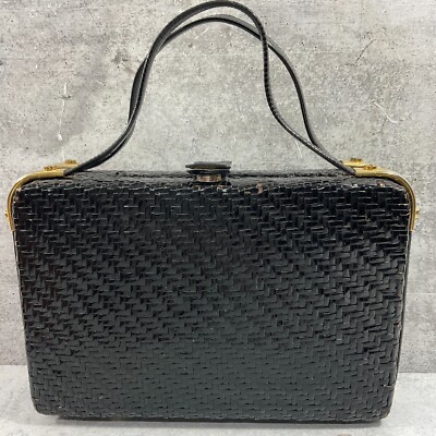 Vintage RODO Black Basket Weave Wicker Gold Tone Hardware