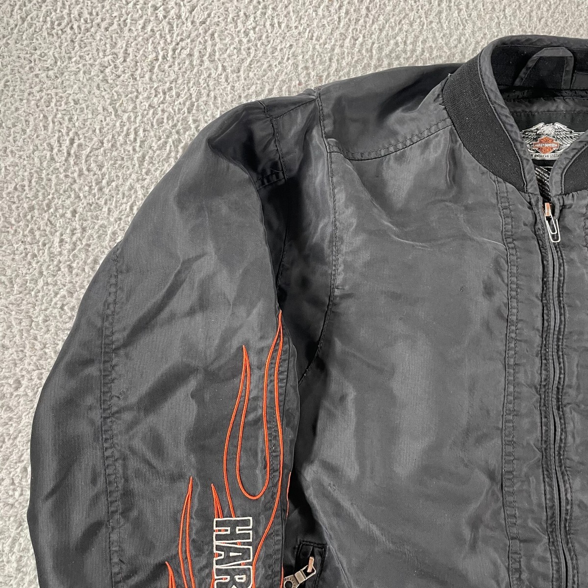 ジャケット・アウター HarleyDavidson nylon jacket fire pattern Vintage Harley Davidson Jacket Mens M Black Nylon Flames