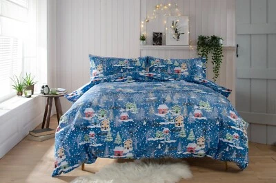 DEYONGS Brushed Cotton Snowy Day Theme Design Duvet Cover Set Double Bed in Navy Blue