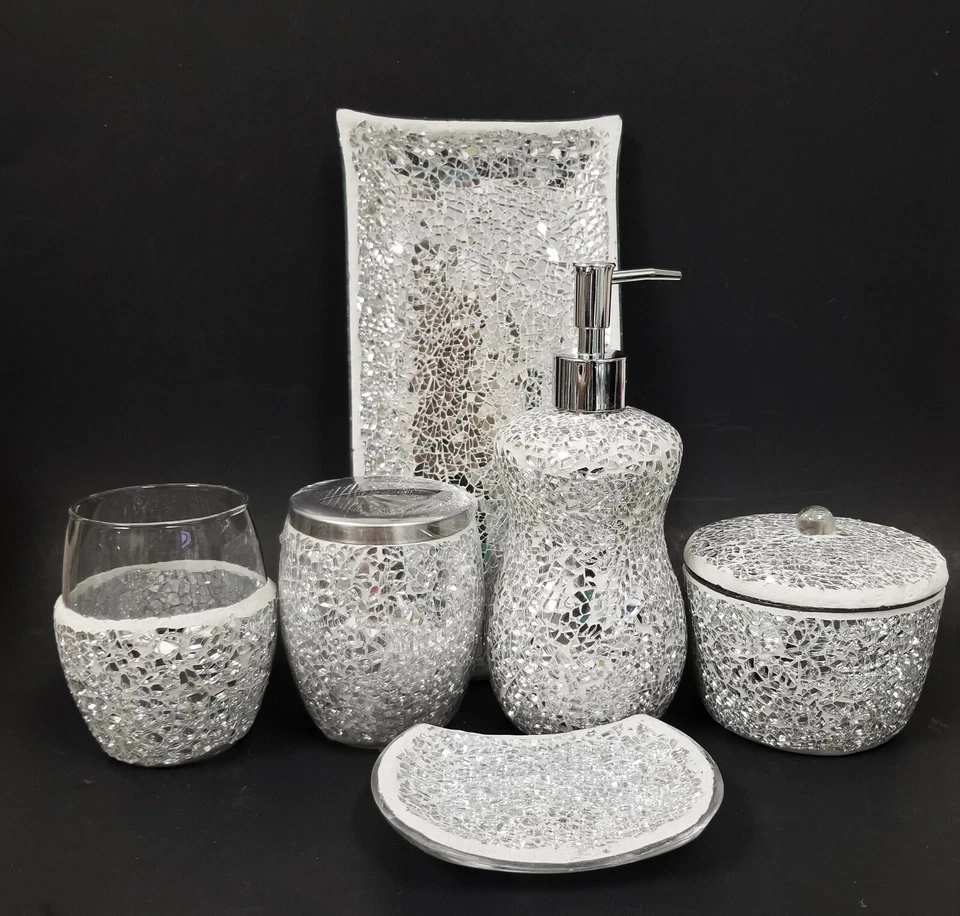 6 PC Argento Vetro Mosaico Riflettente Dispenser, Vassoio+Barattolo+Piatto+ - Immagine 2 di 4