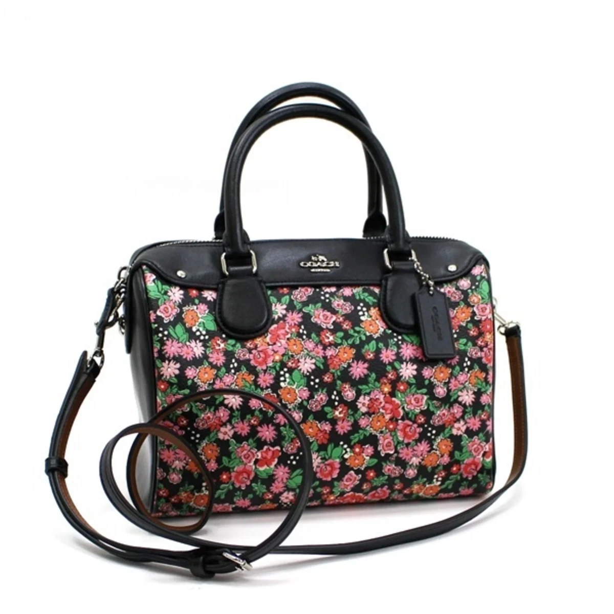 COACH Handbag Shoulder Bag Floral Print Mini Satchel PVC x Leather Black F57882