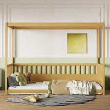 Twin Size Canopy Bed Frame with Guardrails Floor Bed Twin with 4 Poster Design