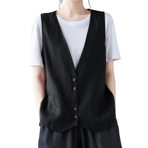 Women'S Linen Vests Spring Summer Button Down V Neck Waistcoat Jackets Vests - Picture 4 of 29