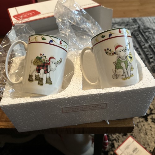 LENOX Merry Marcel Moose Mugs Christmas Set of 2 Coffee Tea Cocoa Cup NIB