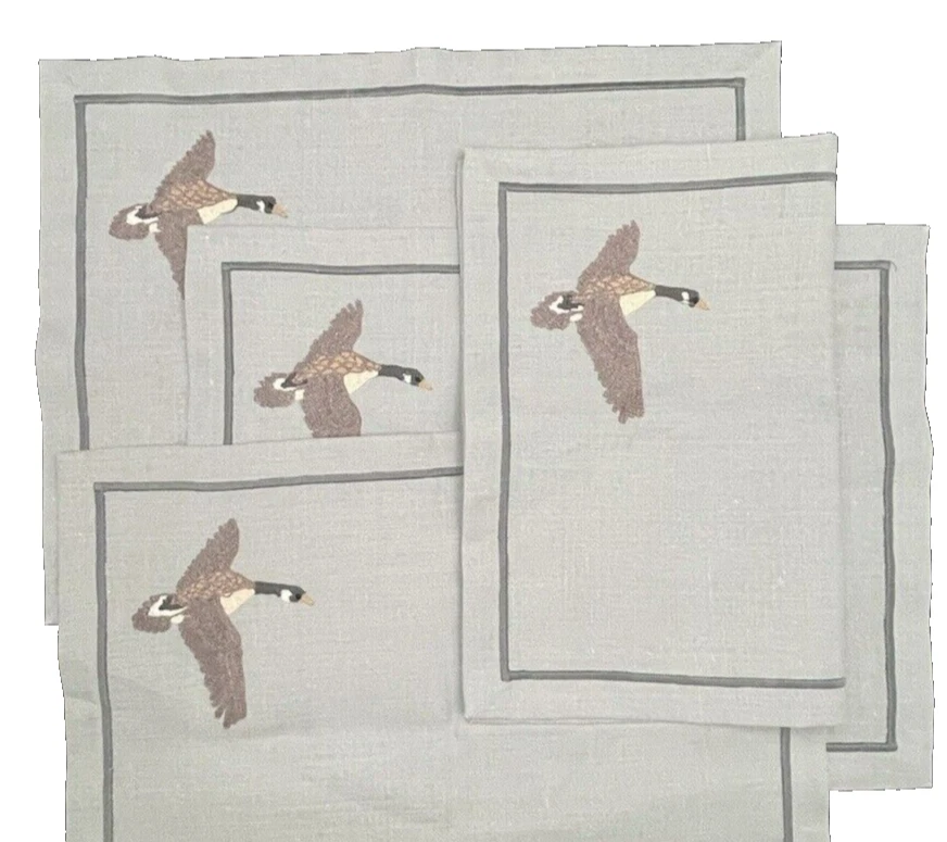 Blue-Gray Linen 17x13 Placemats Machine Stitched Embroidered Canadian Goose - Image 2 of 4