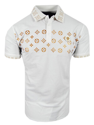 Polo Shirt Mens Luxury Italian Shiny Gold Prints Logo Slim Fit Stretch Casual
