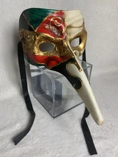 Venetian Papier-mâché Red, Black, Green, Gold & White Scaramouche Long Nose Mask