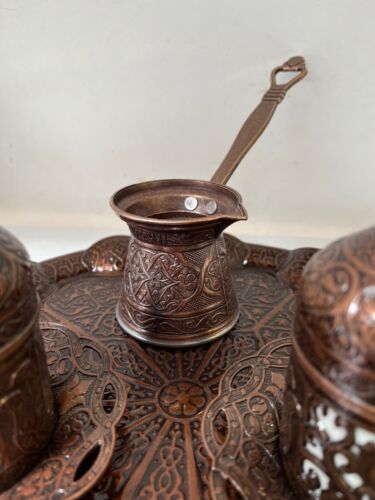 Turkish Greek Arabic Coffee Set, Turkish Coffee Cups , Copper Coffee Pot, Tray - Picture 5 of 16