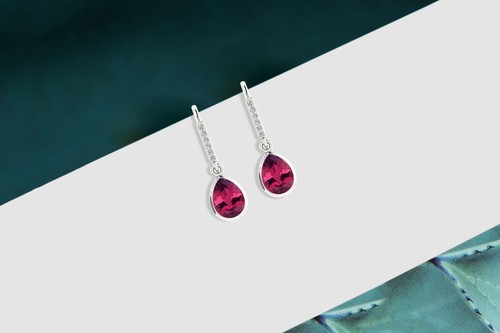 Natural Pink Tourmaline Teardrop Earrings 14k Solid Gold Diamond Dangle Earrings - Picture 5 of 22