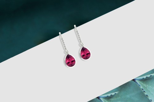 Natural Pink Tourmaline Teardrop Earrings 14k Solid Gold Diamond Dangle Earrings - Afbeelding 1 van 22