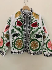 Cotton Canvas Suzani Hand Embroidered Short Jacket | Autumn Winter Boho Coat