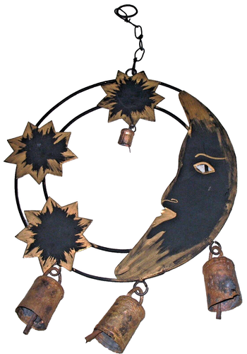Cow Bell moon & Stars hanging metal sculpture 11" X 20" for indoors or outdoors