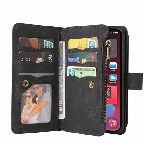 Flip Book Wallet Credit Card Slots Zipper Leather Stand Case Cover For iPhone - Picture 18 of 46