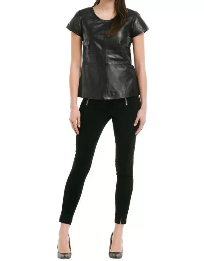 Women's Black Lambskin Handmade Top Formal Stylish Leather Genuine Casual Party - Image 2 of 4