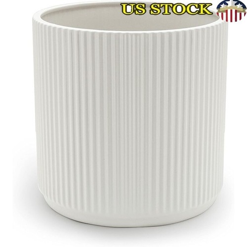 Fluted Ceramic Planter Pot W/ Drainage Hole Indoor Outdoor Plants 10in White