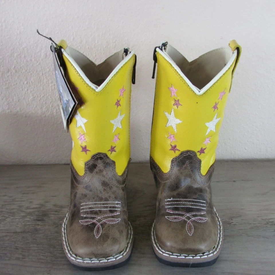 Botas occidentales Old West amarillas con estampado de estrellas de 4 puntera cuadrada para niñas pequeñas BSI1962 Foto 2 de 4