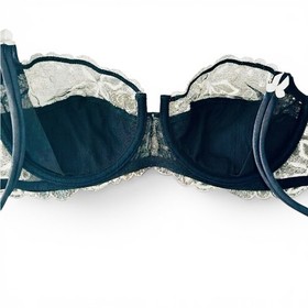VINTAGE Y2K Lise Charmel Lingerie Set Black Pliss&eacute; Silk Lace Demi Bra 32C ThongS