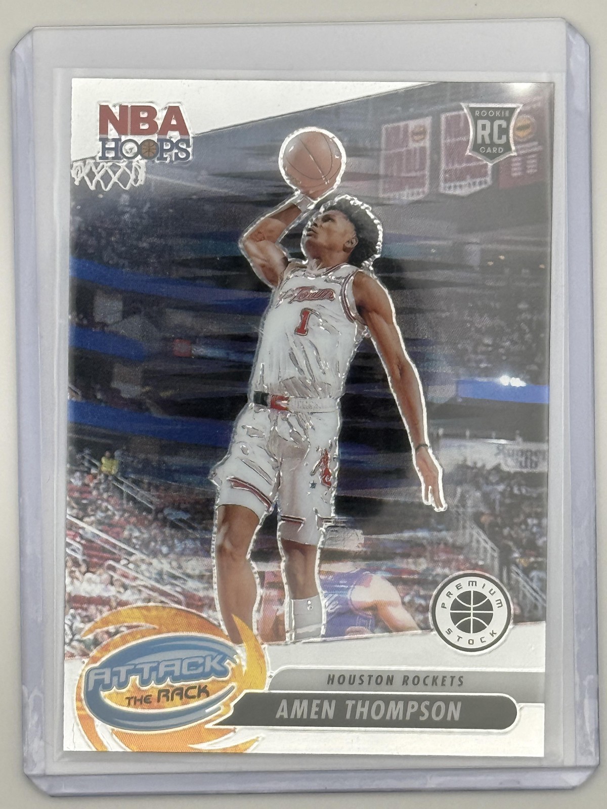 2023-24 Hoops Premium Stock #9 Amen Thompson Attack The Rack Silver Prizm