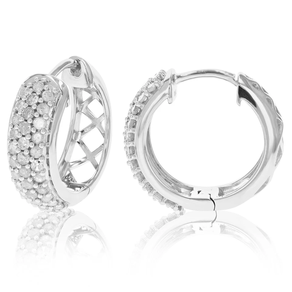 1 ct Diamond Hoop Earrings for Women in .925 Sterling Silver Three Row 3/4 Inch - Image 2 of 4