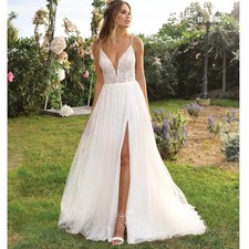 Spaghetti Straps V Neck Wedding Dresses Side Slit Lace Soft Tulle Customized
