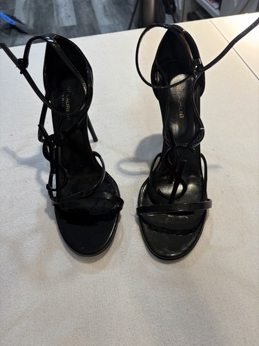 Saint Laurent YSL Opyum Black Patent Leather Logo Heel Sandals Woman’s EU 39.5 
