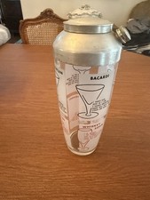 Vintage Large Glass Cocktail Shaker Barware Drink Recipes MCM Frosted VTG